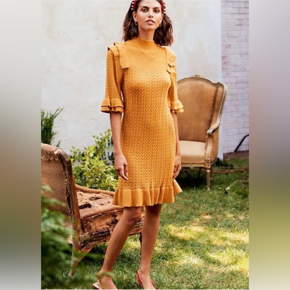 NWT Happy X Nature Kate Hudson Women Sweater Dress Mustard Ruffle